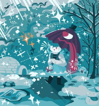 Rule 34 | !, !!, 4girls, :o, apron, bare tree, black boots, blue dress, blue eyes, blue hair, blue skirt, blue theme, blue vest, boots, character snowman, cirno, commentary, dress, english commentary, facing viewer, flying, full body, hat, heterochromia, holding, holding umbrella, igloo, karakasa obake, letty whiterock, long sleeves, medium hair, multiple girls, no lineart, outdoors, red eyes, scarf, shirt, skirt, sky, snow, snow shelter, snowflakes, snowman, sparkle, standing, standing on one leg, tatara kogasa, thatpebble, touhou, tree, umbrella, vest, waist apron, white hat, white shirt, yatadera narumi