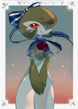 Rule 34 | 1girl, backlighting, blue bow, blue capelet, blue ribbon, bob cut, border, bow, capelet, clothed pokemon, colored skin, eyes visible through hair, female focus, flower, frilled capelet, frills, gardevoir, gen 3 pokemon, gradient background, green hair, green skin, hair bow, hair over one eye, hair ribbon, happy, light particles, looking at viewer, multicolored skin, nintendo, outside border, own hands together, parted lips, pokemon, pokemon (creature), powerpuff (pixiv 60944739), red eyes, red flower, red rose, ribbon, rose, see-through capelet, see-through clothes, short hair, simple background, smile, solo, standing, two-tone skin, v arms, white border, white skin