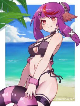 1girl bikini blush border breasts choker cleavage closed_mouth cloud cowboy_shot criss-cross_halter frilled_bikini frills hair_bun hair_ornament halterneck head_wings high-waist_bikini highres holding holding_swim_ring innertube long_sidelocks medium_breasts multicolored_hair navel ocean original palm_leaf parex_(vpnn8573) purple_bikini purple_choker purple_hair red_eyes red_streaks sand side-tie_bikini_bottom sidelocks sky solo stomach streaked_hair swim_ring swimsuit thigh_strap twitter_username white_border wings x_hair_ornament