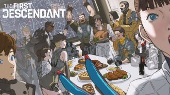 6+boys 6+girls absurdres apron armor arms_up artist_request ass bare_shoulders beard black_gloves black_hair blonde_hair blue_eyes blunt_bangs bodysuit bottle bowl brown_hair brown_vest champagne_flute closed_eyes coat collared_shirt colored_tips commentary copyright_name corn crossed_arms cup dark-skinned_female dark-skinned_male dark_skin detached_sleeves dress drinking_glass dutch_angle english_commentary facial_hair fingerless_gloves food fork glasses gloves gravy grey_dress grey_hair grey_jacket ham highres holding holding_cup holding_fork holding_knife holding_tray jacket knife leaning_forward licking_lips long_hair looking_at_another looking_at_viewer map mashed_potatoes multicolored_hair multiple_boys multiple_girls official_art open_mouth pie plate ponytail red_nails screen shirt short_dress short_hair shoulder_armor sidelocks sitting sleeves_rolled_up soup standing steak strap sunglasses table tablecloth thanksgiving the_first_descendant tongue tongue_out tray turkey_(food) undershirt vegetable vest w waist_apron white_jacket white_shirt yellow_coat yellow_jacket