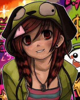 1girl 2000s_(style) blush commentary cosplay english_commentary gir_(dog_costume)_(invader_zim) gir_(invader_zim) gir_(invader_zim)_(cosplay) grin highres hood hood_up hoodie invader_zim jewelry long_hair looking_at_viewer necklace original raccoon_tails_(hairstyle) red_eyes red_hair scene_fashion shirt smile solo striped_clothes striped_hair striped_shirt upper_body zoolpal