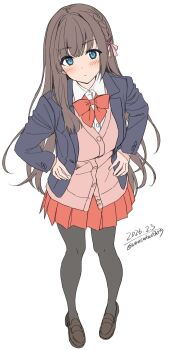 1girl absurdres black_jacket blue_eyes blush bow braid breasts brown_hair brown_pantyhose cardigan closed_mouth collared_shirt commentary_request full_body hair_ornament hair_ribbon hairclip hands_on_own_hips highres jacket long_hair long_sleeves looking_at_viewer medium_breasts open_clothes open_jacket original pantyhose pink_cardigan pink_ribbon pleated_skirt red_bow red_skirt ribbon school_uniform shirt shoes simple_background skirt solo unasaka_ryou white_background white_shirt