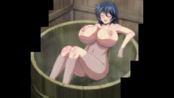 1girl animated bathing bathroom blue_hair blush breasts closed_eyes completely_nude female_focus floating_breasts highres huge_breasts manyuu_chifusa manyuu_hikenchou medium_hair navel nipples nude sitting smile solo stitched tagme takagi_jun thick_thighs thighs third-party_edit video