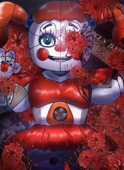 1girl animatronic blush_stickers character_name circus_baby_(fnaf) commentary english_commentary english_text five_nights_at_freddy's five_nights_at_freddy's:_sister_location flower flower_over_eye green_eyes nichoel2ashley one_eye_covered red_flower red_hair robot robot_girl signature smile solo spider_lily twintails