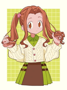 Rule 34 | 1girl, brown hair, cardigan, cowboy shot, digimon, digimon adventure, fujihana (mugenpixel), green background, green shirt, green skirt, highres, long hair, pleated skirt, shirt, simple background, skirt, solo, tachikawa mimi, twintails, yellow cardigan
