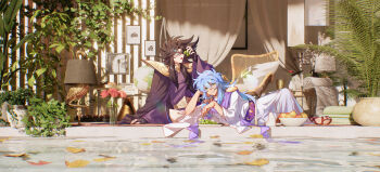 2boys absurdres afloat_leaves armor bird bishounen black_cape black_hair blue_eyes blue_hair brothers candle cape chair flamingo flower foliage food fruit glint globe grapes green_eyes hades_(saint_seiya) highres holding holding_food holding_fruit incense indoors julian_solo lamp leaf_on_liquid long_hair long_sleeves looking_at_viewer lying male_focus multiple_boys on_side open_mouth parted_lips pauldrons plant pool poseidon_(saint_seiya) potted_plant profile purple_robe purple_scarf red_flower red_rose robe rose saint_seiya scarf shoulder_armor siblings sideways_glance smile snowflake_(diodarja) spiked_hair vase white_robe wide_sleeves