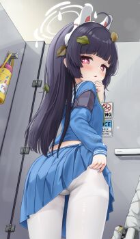 1girl absurdres animal_ear_hairband animal_ears ass black_hair blue_archive blue_serafuku blue_shirt blue_skirt bolt_action clothes_lift commentary comodox crotch_seam dirty dirty_clothes english_commentary fake_animal_ears from_behind green_neckerchief gun hairband halo highres indoors large_variant_set leaf leaf_on_head lifting_own_clothes long_hair long_sleeves looking_at_viewer looking_back miniskirt miyu_(blue_archive) mosin-nagant neckerchief open_mouth paid_reward_available panties panties_under_pantyhose pantyhose pleated_skirt puffy_long_sleeves puffy_sleeves rabbit_ear_hairband rabbit_ears red_eyes rifle sailor_collar sailor_shirt school_uniform serafuku shirt shoe_print skirt skirt_lift solo underwear variant_set weapon white_halo white_pantyhose white_sailor_collar