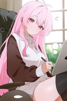 1girl absurdres antenna_hair baggy_clothes black_thighhighs chair from_below hair_between_eyes half-closed_eyes highres holding holding_stylus holding_tablet_pc indoors long_hair looking_at_viewer mumble_(shachimu) notice_lines office_chair orca original oversized_sweater pink_eyes pink_hair shusuchii sidelocks sitting sleeves_past_wrists smile speech_bubble stuffed_animal stuffed_toy stylus sweater swivel_chair tablet_pc thighhighs tree turtleneck turtleneck_sweater two-tone_sweater very_long_hair window