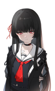 Rule 34 | 1girl, absurdres, arm behind back, arm cutout, black choker, black hair, black jacket, black shirt, breasts, chisa (wuthering waves), choker, closed mouth, clothing cutout, collarbone, commentary, dongye1551, hair ribbon, highres, holding own arm, jacket, long hair, looking at viewer, medium breasts, mole, mole under eye, neckerchief, red eyes, red neckerchief, red ribbon, ribbon, sailor collar, shirt, simple background, smile, upper body, white background, white sailor collar, wuthering waves
