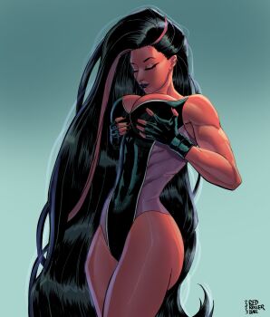 1girl aqua_background artist_name black_gloves black_hair black_leotard black_lips breasts closed_eyes colored_skin commentary dated english_commentary fingerless_gloves gloves grabbing_own_breast gradient_background highres leotard lipstick long_hair makeup marvel multicolored_hair multicolored_leotard muscular muscular_female pink_leotard red_she-hulk red_skin redrollerball12 solo streaked_hair two-tone_leotard