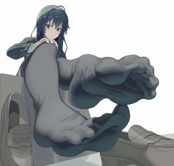 1girl absurdres black_eyes black_hair black_thighhighs feet hand_on_own_knee highres light_blush loafers long_hair looking_at_viewer parted_lips pazixia shoes soles thighhighs toes unworn_shoes yahari_ore_no_seishun_lovecome_wa_machigatteiru. yukinoshita_yukino