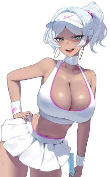 1girl absurdres alternate_costume breasts choker cleavage collarbone commentary_request dark-skinned_female dark_skin earrings fingernails gundam gundam_suisei_no_majo hand_on_own_hip highres holding holding_tennis_racket hoop_earrings huge_breasts jewelry looking_at_viewer miniskirt nankam76 navel nike_(company) parted_bangs pleated_skirt ponytail racket secelia_dote simple_background skirt smile solo sports_bra sweat teeth tennis_racket thighs upper_teeth_only visor_cap white_background white_choker white_hair white_skirt white_sports_bra wristband