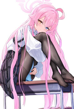 1girl absurdres ahoge blue_archive blue_necktie blush commentary desk double-parted_bangs dusttomato hair_between_eyes hair_flowing_over halo heterochromia highres hoshino_(blue_archive) looking_at_viewer loose_necktie necktie no_shoes on_desk pantyhose pink_hair pink_halo school_desk simple_background sitting skirt solo white_background