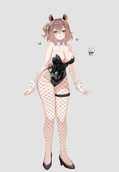1girl :d absurdres animal_ears black_shoes breasts brown_hair cleavage commentary covered_navel crossed_bangs detached_collar double-parted_bangs english_commentary fishnet_pantyhose fishnets full_body green_eyes green_leotard grey_background grin hair_between_eyes hair_ribbon high_heels highleg highleg_leotard highres indie_virtual_youtuber large_breasts leotard looking_at_viewer nimi_nightmare one_side_up open_mouth pantyhose playboy_bunny psypolo_d ribbon shoes short_hair simple_background smile solo strapless strapless_leotard tail tapir_ears tapir_girl virtual_youtuber white_wrist_cuffs wrist_cuffs