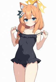 Rule 34 | 1girl, absurdres, alternate costume, animal ear fluff, animal ears, bare arms, bare shoulders, blue archive, blue eyes, clothes pull, flower, frills, halo, highres, long hair, low-tied long hair, mari (blue archive), mari (swimsuit) (blue archive), one-piece swimsuit, one-piece swimsuit pull, orange hair, sakonana, sidelocks, swimsuit, thighs, white flower, yellow halo