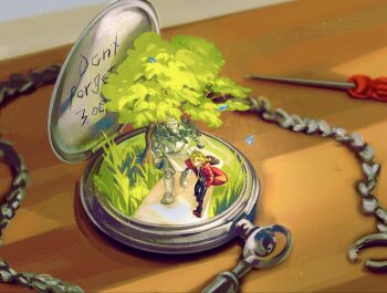 Rule 34 | 2boys, alphonse elric, animal, armor, bird, black boots, black pants, blonde hair, boots, brothers, coat, edward elric, english text, full armor, fullmetal alchemist, grass, highres, living armor, male focus, multiple boys, pants, pocket watch, red coat, screwdriver, siblings, sseunana, table, tree, walking, watch, wooden table