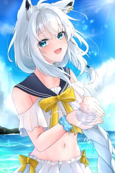 Rule 34 | 1girl, absurdres, ahoge, animal ear fluff, animal ear piercing, animal ears, aqua eyes, bikini, blue sky, blush, bow, bowtie, braid, cloud, collarbone, fox ears, fox girl, frilled bikini, frills, highres, hololive, long hair, looking at viewer, navel, open mouth, scrunchie, shirakami fubuki, shirakami fubuki (holonatsu paradise), sky, smile, solo, st-147, stomach, swimsuit, very long hair, virtual youtuber, water, white bikini, white hair, wrist scrunchie, yellow bow, yellow bowtie