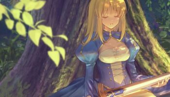 1girl artoria_pendragon_(fate) asagi_futsuka blonde_hair blue_dress breasts buttons cleavage_cutout closed_eyes clothing_cutout commentary_request cowboy_shot criss-cross_halter day dress excalibur_(fate/stay_night) fate/stay_night fate_(series) fingernails flower gold_trim grass hair_between_eyes halterneck holding holding_sword holding_weapon juliet_sleeves leaf long_hair long_sleeves medium_breasts moss outdoors puffy_sleeves saber_(fate) scenery shadow sidelocks sitting sleeping solo sword teeth tree two-tone_dress weapon white_dress white_flower