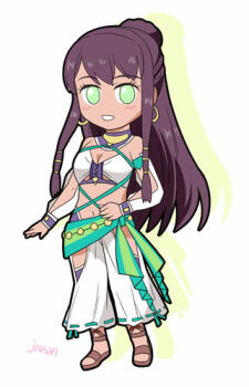 1girl artist_name breasts brown_hair chibi commentary_request dancer dark-skinned_female dark_skin earrings eiyuu_densetsu green_eyes harem_outfit harem_pants hawaiian_shirt hoop_earrings jewelry kuro_no_kiseki_(series) kuro_no_kiseki_i long_sidelocks looking_at_viewer lowres pants saara_(kuro_no_kiseki) sandals shirt sidelocks simple_background smile very_long_sidelocks xiacheng_tatsuya