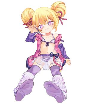 1girl bikini blonde_hair blush breasts chaosexceed closed_mouth commentary detached_sleeves double_bun english_commentary feet front-tie_bikini_top front-tie_top full_body hair_bun hair_ribbon highres jacket leg_warmers long_sleeves looking_at_viewer miniskirt navel no_shoes open_clothes open_jacket original paid_reward_available pink_jacket pink_ribbon pleated_skirt purple_bikini purple_sleeves purple_thighhighs ribbon see-through_clothes see-through_skirt short_hair simple_background sitting skirt sleeveless sleeveless_jacket small_breasts soles solo star-shaped_pupils star_(symbol) swimsuit symbol-shaped_pupils thighhighs toes white_background white_bikini white_leg_warmers white_skirt