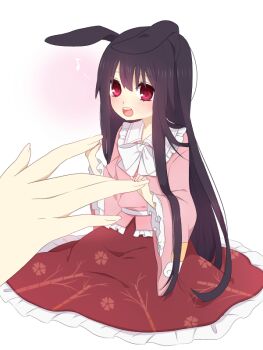 1girl 1other animal_ears bow bowtie brown_hair collared_shirt commentary_request frilled_shirt_collar frilled_skirt frilled_sleeves frills houraisan_kaguya kemonomimi_mode long_hair long_sleeves mini_person minigirl musical_note open_mouth pink_shirt rabbit_ears red_eyes red_skirt shirt sitting skirt teeth touhou tsuno_no_hito upper_teeth_only very_long_hair white_bow white_bowtie wide_sleeves