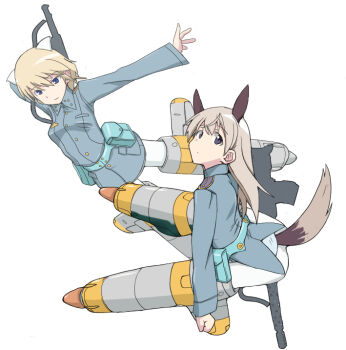 animal_ears blonde_hair blue_eyes cl-55 eila_ilmatar_juutilainen ermine_ears fox_ears fox_tail long_hair nikka_edvardine_katajainen pantyhose short_hair strike_witches striker_unit tail white_legwear world_witches_series