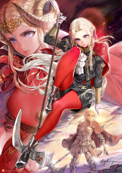 1girl age_progression armor armored_boots ascot axe b.c.n.y. battle_axe boots breasts cape closed_mouth collared_cape commentary_request dress edelgard_von_hresvelg edelgard_von_hresvelg_(timeskip) fake_horns fire_emblem fire_emblem:_three_houses fire_emblem_warriors:_three_hopes garreg_mach_monastery_uniform gloves hair_bun hair_ribbon highres holding holding_axe horned_headwear horns long_hair long_sleeves looking_at_viewer medium_breasts nintendo pantyhose purple_eyes purple_ribbon red_cape red_dress red_pantyhose ribbon side_cape weapon white_ascot white_hair