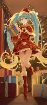 1girl absurdres aqua_eyes aqua_hair backlighting boots capelet christmas christmas_present christmas_tree frilled_skirt frills fur-trimmed_boots fur-trimmed_capelet fur_trim gift hat hatsune_miku highres holding holding_gift indoors lace-up_boots long_hair looking_at_viewer matmaj open_mouth red_boots red_skirt santa_costume santa_hat skirt smile solo standing standing_on_one_leg thighs twintails very_long_hair vocaloid wide_sleeves