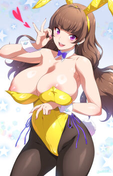 1girl :d alternate_breast_size_(larger) amanogawa_kirara animal_ears bow bowtie breasts brown_hair brown_pantyhose detached_collar fake_animal_ears fake_tail fellatio_gesture go!_princess_precure heart highres huge_breasts joy_ride leotard long_hair looking_at_viewer open_mouth pantyhose playboy_bunny precure purple_bow purple_bowtie purple_eyes rabbit_ears rabbit_tail smile solo standing star_(symbol) star_symbol_background tail twintails yellow_leotard