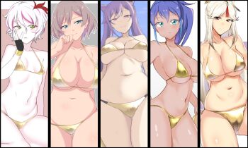 5girls 9rimson bikini black_gloves blue_eyes blue_hair blue_streaks bracelet breasts brown_hair cleavage closed_mouth column_lineup commentary_request cone_hair_bun covered_erect_nipples double_bun fingerless_gloves from_below from_side genshin_impact gloves gold_bikini gold_bracelet green_eyes green_pupils gridman_universe hair_between_eyes hair_bun hair_ornament half-closed_eyes halterneck hand_on_own_cheek hand_on_own_face hand_up highres huge_breasts jewelry keqing_(genshin_impact) large_breasts long_hair looking_at_viewer medium_hair mujina multicolored_hair multiple_girls navel ningguang_(genshin_impact) open_mouth original pale_skin parted_bangs pink_streaks purple_eyes purple_hair red_eyes serena_(yu-gi-oh!) short_hair skindentation small_breasts smile ssss.dynazenon streaked_hair swimsuit symbol-shaped_pupils tan thighs twintails wet white_hair yu-gi-oh! yu-gi-oh!_arc-v