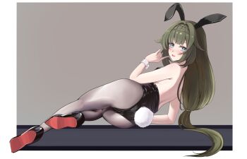 1girl :d \m/ alternate_costume animal_ears arm_support ass back black_leotard black_pantyhose black_shoes blue_archive blue_eyes blunt_bangs blush border commentary dutch_angle fake_animal_ears fake_tail from_behind full_body green_hair grey_background hair_intakes hand_up highleg highleg_leotard highres legs leotard long_hair looking_at_viewer looking_back low-tied_long_hair lying on_side open_mouth outside_border pantyhose playboy_bunny rabbit_ears rabbit_tail shoe_soles shoes shubun_(user_gxsx8757) sidelocks simple_background smile solo straight_hair strapless strapless_leotard tail thighs tsumugi_(blue_archive) very_long_hair white_border white_wrist_cuffs wrist_cuffs