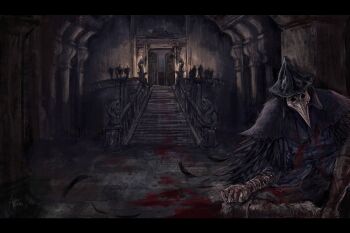 1girl against_pillar armor azure_meraki beak bird_mask black_cloak bleeding blood blood_on_clothes blood_on_ground blood_stain bloodborne boots cape cloak coat collar covered_face door doorway eileen_the_crow feather-trimmed_cape feather-trimmed_coat feather_trim feathers floor fromsoftware gloves greaves hat hood hood_up indoors injury lamp leather leather_boots leather_gloves long_coat mask on_floor open_door pants pillar plague_doctor_mask signature sitting stairs victorian