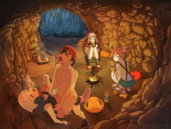 1boy 3girls ash_ketchum backwards_hat bandana baseball_cap beanie bike_shorts black_hair black_shirt black_shorts black_socks blue_eyes blue_hair boots brown_hair campfire cave commentary_request cup dawn_(pokemon) green_eyes green_shorts hat hetero holding holding_cup kneehighs long_hair may_(pokemon) missionary misty_(pokemon) multiple_girls nintendo orange_hair paid_reward_available pink_boots pink_skirt pokemon pokemon_(anime) pokemon_(classic_anime) pokemon_dppt_(anime) pokemon_journeys pokemon_rse_(anime) pout rain red_bandana red_shirt sex shirt short_hair shorts side_ponytail skirt sleeveless sleeveless_shirt socks suspender_shorts suspenders tank_top toiro_gawon unworn_clothes watching white_hat yellow_tank_top