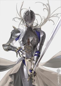 1girl absurdres artist_name breasts cowboy_shot facing_viewer gauntlets grey_armor grey_hair helmet highres holding holding_sword holding_weapon knight legs_together long_hair ofthelimbo original simple_background solo sword weapon white_background
