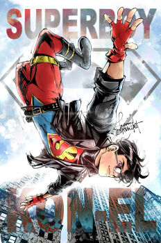 1boy artist_name black_footwear black_hair black_jacket conner_kent dc_comics english_text fingerless_gloves glasses gloves highres insignia jacket kon-el looking_at_viewer male_focus smile solo spandex superboy superhero_costume superman_(series) western_comics_(style) zee_delgado