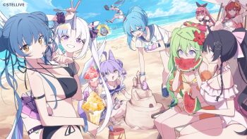 :3 ahoge akane_lize angel_wings animal_hands anklet aokumo_rin arahashi_tabi armband armlet ayatsuno_yuni bare_shoulders beach beach_chair beach_umbrella bikini black_armband black_armlet black_bikini black_bow black_hair black_sandals black_shawl blonde_streaks blue_bikini blue_bow blue_eyes blue_hair blue_nails blue_sailor_collar blue_shoes blue_sky blue_streaks blue_tail blue_wings blunt_bangs blunt_sidelocks bow bracelet braid breasts brown_eyes bucket building_sand_sculpture cat_girl cat_tail chair chest_bow chewing choppy_bangs cleavage cleavage_cutout closed_mouth clothing_cutout cloud collar collared_shirt colored_tips conch cone_hair_bun copyright_name criss-cross_halter criss-cross_straps crocs cropped_shirt cross-shaped_pupils crossed_legs crown_braid cup day denim denim_shorts double-parted_bangs double_bun drinking_glass dutch_angle earrings eating everyone eyewear_on_head facial_mark floating_hair flower flying_sweatdrops food food_bite food_on_body food_on_breasts food_on_face fox_girl fox_tail frilled_armband frilled_bikini frilled_collar frilled_straps frilled_thigh_strap frills from_side fruit gangzi_(vtuber) gloves gradient_hair green_eyes green_hair green_wings grey_hair grey_tail hair_between_eyes hair_bow hair_bun hair_flower hair_intakes hair_ornament hair_ribbon hairclip halterneck hanako_nana hand_on_own_head head_chain heart heart_hair_ornament heterochromia high_ponytail highres holding holding_cup holding_food holding_fruit holding_shell holding_spoon holding_water_gun hoop_earrings horizon horns horse_tail huge_ahoge innertube jewelry jumping kneeling large_breasts leaning_forward lightning_ahoge long_hair long_sidelocks looking_at_another looking_at_food looking_at_object looking_at_viewer mark_under_eye medium_breasts midair mmhomm mole mole_under_eye multicolored_bikini multicolored_eyes multicolored_hair multicolored_tail multicolored_wings multiple_bracelets navel neneko_mashiro o-ring o-ring_bikini ocean off-shoulder_one-piece_swimsuit off_shoulder official_alternate_costume official_art on_chair on_innertube one-piece_swimsuit open_mouth orange_armband orange_eyes outdoors partially_submerged paw_gloves pentagram_hair_ornament pentagram_necklace pink-tinted_eyewear pink_bikini pink_bow pink_hair pink_one-piece_swimsuit pink_ribbon pink_scrunchie pink_tail pink_wings polka_dot polka_dot_scrunchie ponytail purple_eyes purple_hair purple_nails purple_ribbon purple_scrunchie purple_tail quad_buns rainbow_hair red_bikini red_flower red_hair red_nails ribbon sailor_collar sand sand_castle sand_sculpture sand_writing sandals scrunchie seashell see-through_clothes see-through_shirt shawl shell shirayuki_hina shirt shoes shore short_shorts short_sleeves shorts side-tie_bikini_bottom side_braid side_ponytail sideboob sidelocks single_horn sitting skindentation sky slides small_breasts smile smoothie split-color_clothes spoon squatting standing star_(symbol) star_facial_mark starfish_hair_ornament stellive stomach_cutout strapless strapless_bikini striped_bikini striped_clothes sunglasses swim_ring swimming swimsuit symbol-shaped_pupils tail teardrop tenko_shibuki thigh_strap tinted_eyewear trowel twintails two-tone_bikini two-tone_eyes two-tone_hair two-tone_tail umbrella unicorn_girl unicorn_horn utensil_in_mouth v v_over_head very_long_hair virtual_youtuber water water_gun watermelon watermelon_slice white_armband white_bikini white_hair white_horns white_sandals white_shirt white_tail white_wings wings wrist_scrunchie wristband yellow_bikini yellow_flower yuzuha_riko