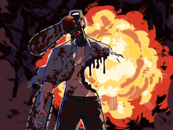 1boy alternate_form amputee black_pants blood blood_on_clothes chainsaw chainsaw_man collared_shirt deep_wound denji_(chainsaw_man) explosion explosion_background grey_shirt highres injury pants pull_cord sharp_teeth shirt solo teeth tina_fate