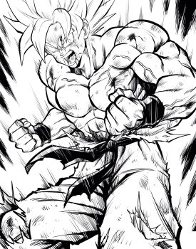 1boy abs aura blood blood_from_mouth bloody_tears clenched_hands commentary_request dragon_ball dragonball_z hatching_(texture) highres lee_(dragon_garou) male_focus muscular muscular_male official_style pants pectorals serious solo son_goku super_saiyan super_saiyan_1 topless_male toriyama_akira_(style) torn_clothes torn_pants v-shaped_eyebrows veins wristband