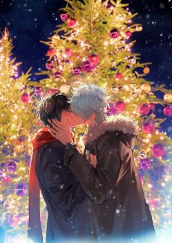 2boys alternate_costume arm_up black_coat black_hair christmas christmas_ornaments christmas_tree coat commentary_request elninono1 fur-trimmed_hood fur_trim gintama hand_on_another's_face highres hijikata_toushirou hood kiss long_sleeves male_focus multiple_boys outdoors red_scarf sakata_gintoki scarf short_hair snowing tree white_fur white_hair winter_clothes yaoi