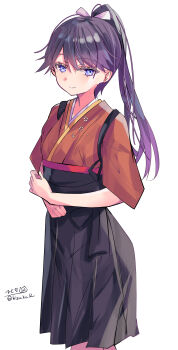 1girl absurdres commentary_request hair_ribbon highres hizaka houshou_(kancolle) japanese_clothes kantai_collection long_hair ponytail purple_eyes purple_hair ribbon skirt smile solo twitter_username