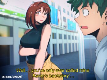 Rule 34 | 1boy, 1girl, aged up, ass, boku no hero academia, breasts, commentary, english text, freckles, green hair, highres, large breasts, meme, midoriya izuku, official alternate costume, official alternate hairstyle, opalis, open mouth, short hair, sleeveless, sleeveless turtleneck, subtitled, turtleneck, uraraka ochako