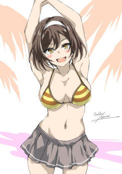 alternate_breast_size_(larger) arms_up bikini black_hair breasts brown_eyes commentary_request cowboy_shot gakky grey_skirt hairband highres kantai_collection large_breasts navel one-hour_drawing_challenge short_hair skirt striped_bikini striped_clothes swimsuit tanikaze_(kancolle) white_hairband yellow_bikini