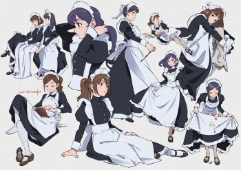 Rule 34 | alternate costume, apron, black hair, brown eyes, brown hair, closed eyes, commentary request, dress, hair ornament, hat, long dress, long hair, maid, maid apron, mary janes, mob cap, multiple girls, multiple views, open mouth, original, pantyhose, shoes, simple background, sitting, smile, sneakers, umishima senbon