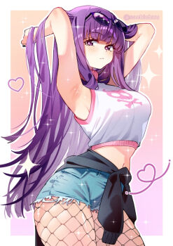 Rule 34 | 1girl, armpits, black nails, black sweater, blue shorts, border, breasts, closed mouth, clothes around waist, commentary, cowboy shot, crop top, cutoffs, denim, denim shorts, english commentary, eyewear on head, fern (sousou no frieren), fishnet pantyhose, fishnets, hands in own hair, heart, large breasts, light blush, long hair, looking at viewer, midriff, nail polish, navel, outside border, pantyhose, purple eyes, purple hair, sachichuu, shirt, short shorts, shorts, skull and crossbones, sleeveless, sleeveless shirt, solo, sousou no frieren, standing, sunglasses, sweater, sweater around waist, turtleneck, turtleneck shirt, twitter username, very long hair, white border, white shirt
