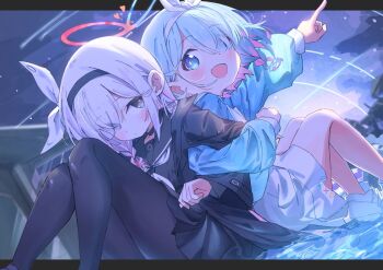 2girls :d arona_(blue_archive) black_hairband black_pantyhose black_sailor_collar black_serafuku black_shirt black_skirt blue_archive blue_eyes blue_hair blue_halo blue_shirt blush bow_hairband braid closed_mouth commentary feet_out_of_frame grey_eyes hairband halo heart highres locked_arms long_hair long_sleeves looking_at_viewer multiple_girls neckerchief open_mouth outstretched_arm pantyhose plana_(blue_archive) pointing red_halo sailor_collar school_uniform serafuku shinshin_(ssnsn_oekaki) shirt shoes single_braid sitting skirt smile white_hair white_hairband white_neckerchief white_shoes white_skirt