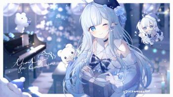 1girl bare_shoulders beret black_bow black_choker black_hat blue_eyes blue_flower blue_hair blue_sleeves blurry blurry_background bow box breasts chibi chibi_inset choker cleavage collar commentary_request commission detached_collar detached_sleeves dress flower fur-trimmed_dress fur-trimmed_sleeves fur_trim gift gift_box gradient_hair hair_flower hair_ornament hat highres indie_virtual_youtuber instrument looking_at_viewer medium_breasts multicolored_hair off-shoulder_dress off_shoulder one_eye_closed piano pointy_ears solo stuffed_animal stuffed_toy teddy_bear virtual_youtuber wangying_(itswasuutsu) white_collar white_hair yuzuki_rika_(vtuber)