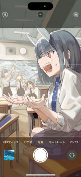 >_< 4girls absurdres aoki_ruri bag black_hair black_skirt blue_hair blue_necktie brown_hair chair chalkboard classroom closed_eyes collared_shirt commentary_request desk dragon_girl dragon_horns fake_phone_screenshot fake_screenshot fangs grey_hair hagiwara_yuka highres horns indoors kashiro_airi long_hair long_sleeves medium_hair multicolored_hair multiple_girls necktie open_mouth phone pink_eyes pink_hair pleated_skirt pointing red_eyes ruridragon school_bag school_desk school_uniform shirt short_hair sidelocks sitting skirt sleeves_rolled_up smile sweat sweatdrop teeth twintails tyaui_(xjju4435) user_interface waving white_shirt
