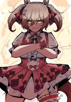 >:) 1girl animal_ears black_bow bow breasts brown_hair center_frills closed_mouth collared_shirt cowboy_shot crossed_arms dress_shirt explosion explosion_background frills hair_between_eyes hair_bow horse_ears horse_girl horse_tail kawamochi_(kawauti919) looking_at_viewer medium_breasts orange_eyes pink_bow pink_skirt pleated_skirt puffy_short_sleeves puffy_sleeves purple_bow shirt short_sleeves signature skirt smart_falcon_(love_4ever)_(umamusume) smart_falcon_(umamusume) smile solo tail twintails umamusume v-shaped_eyebrows white_shirt wrist_cuffs