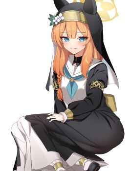 Rule 34 | 1girl, absurdres, animal ear headwear, ankle cuffs, armband, black footwear, blue archive, blue eyes, blue neckerchief, blush, braid, fake animal ears, feet out of frame, flower, frills, gunpuu, habit, hair tubes, halo, hat, hat flower, highres, long hair, long sleeves, mari (blue archive), neckerchief, nun, orange hair, sailor collar, single braid, smile, solo, white sailor collar