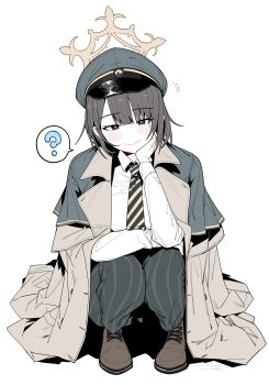 1girl ? absurdres black_eyes black_necktie blue_archive brown_halo coat coat_on_shoulders diagonal-striped_clothes diagonal-striped_necktie green_hat halo hat highres hiromi_(blue_archive) necktie pants peaked_cap solo striped_clothes striped_necktie striped_pants vertical-striped_clothes vertical-striped_pants wujurana
